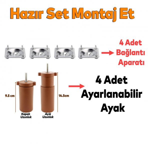 Mobilya Kanepe Baza Koltuk Destek Ayağı Ayarlı 9.5 cm Kahverengi Ayak+Bağlantı Aparatı  (4lü SET) - 2