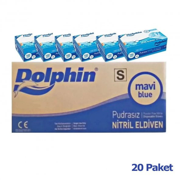 Dolphin Tek Kullanımlık Lateks Mavi Pudrasız Nitril Muayne Eldiveni Small Küçük Boy -100'lü 20 Paket - 2