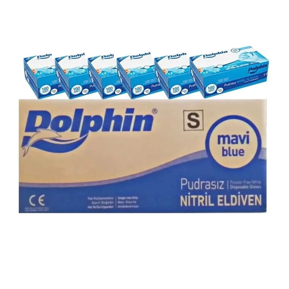 Dolphin Tek Kullanımlık Lateks Mavi Pudrasız Nitril Muayne Eldiveni Small Küçük Boy -100'lü 20 Paket - 1