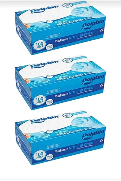 Dolphin Tek Kullanımlık Lateks Mavi Pudrasız Nitril Muayne Eldiveni Small Küçük Boy -100'lü 3 Paket