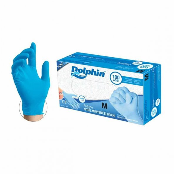 Dolphin Tek Kullanımlık Lateks Mavi Pudrasız Nitril Muayne Eldiveni Medium Orta Boy - 100'lü 10 Paket - Resim 2