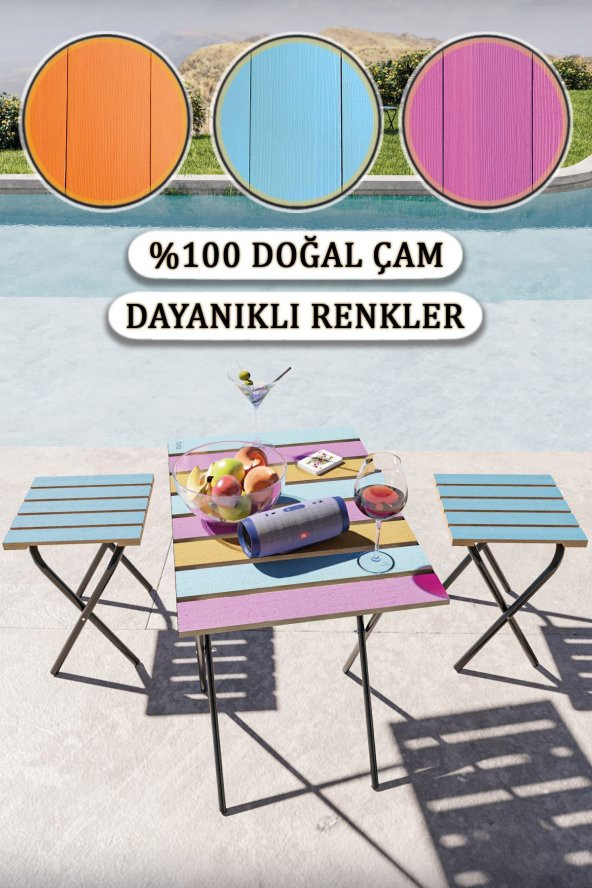 Bino Masa Sandalye Bistro Set Yükseklik Ayarlı Ahşap Kamp Masası Kamp Taburesi 3lü SET - 2