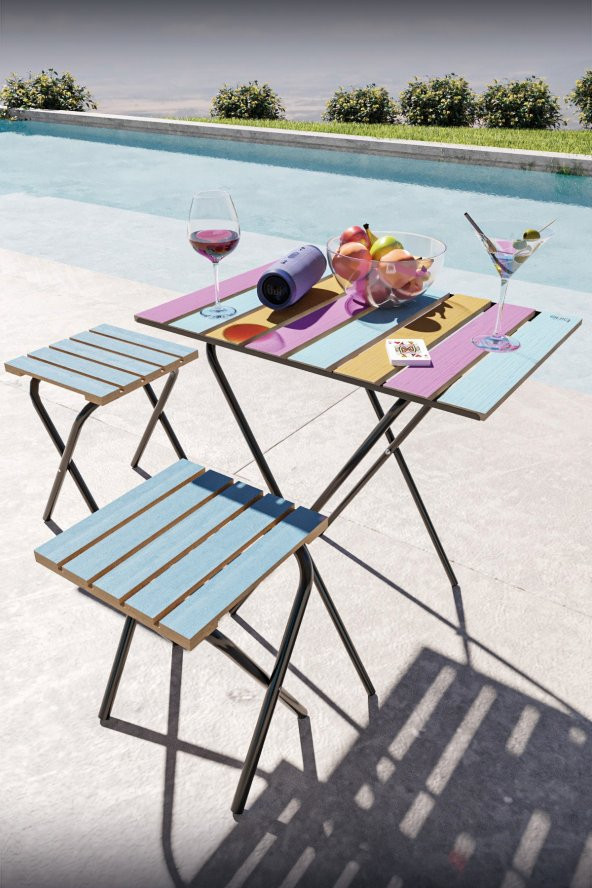 Bino Masa Sandalye Bistro Set Yükseklik Ayarlı Ahşap Kamp Masası Kamp Taburesi 3lü SET - 3