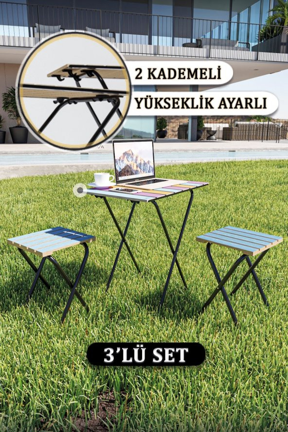 Bino Masa Sandalye Bistro Set Yükseklik Ayarlı Ahşap Kamp Masası Kamp Taburesi 3lü SET - 4