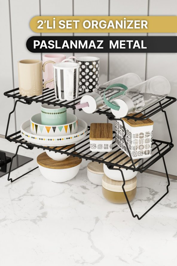 Bino Dolap İçi Düzenleyici 2 ADET Mutfak Rafı Tabak Bardak Rafı Mat Siyah Paslanmaz Metal Organizer - 2