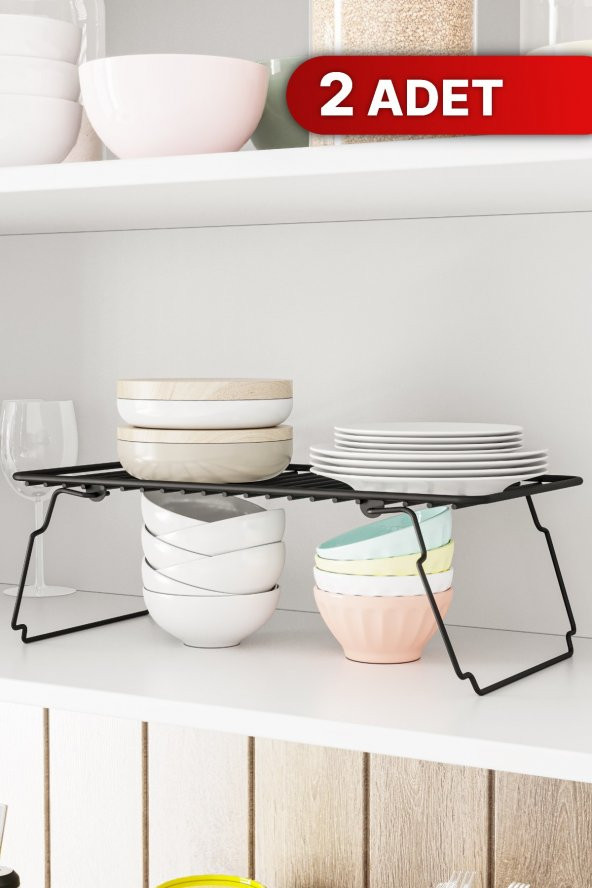 Bino Dolap İçi Düzenleyici 2 ADET Mutfak Rafı Tabak Bardak Rafı Mat Siyah Paslanmaz Metal Organizer - 3