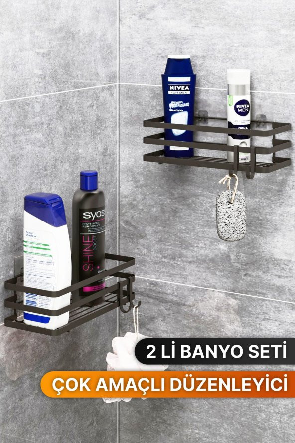 Bino Banyo Düzenleyici Şampuanlık Sabunluk 2 Li Set Lamalı YAPIŞKANLI 4 ASKILI Duş Rafı Organizer