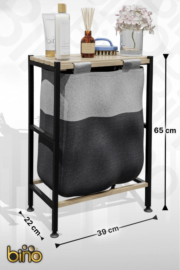 Bino Banyo Düzenleyici Çamaşır Sepeti Ahşap Raflı Kirli Sepeti Keten Kumaşlı Organizer - 4