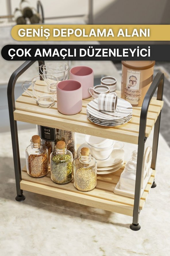 Bino Çok Amaçlı Düzenleyici Mutfak Rafı Ahşap Raf Organizer Mutfak Dolabı Tezgah Üstü Malzeme Dolabı - 3