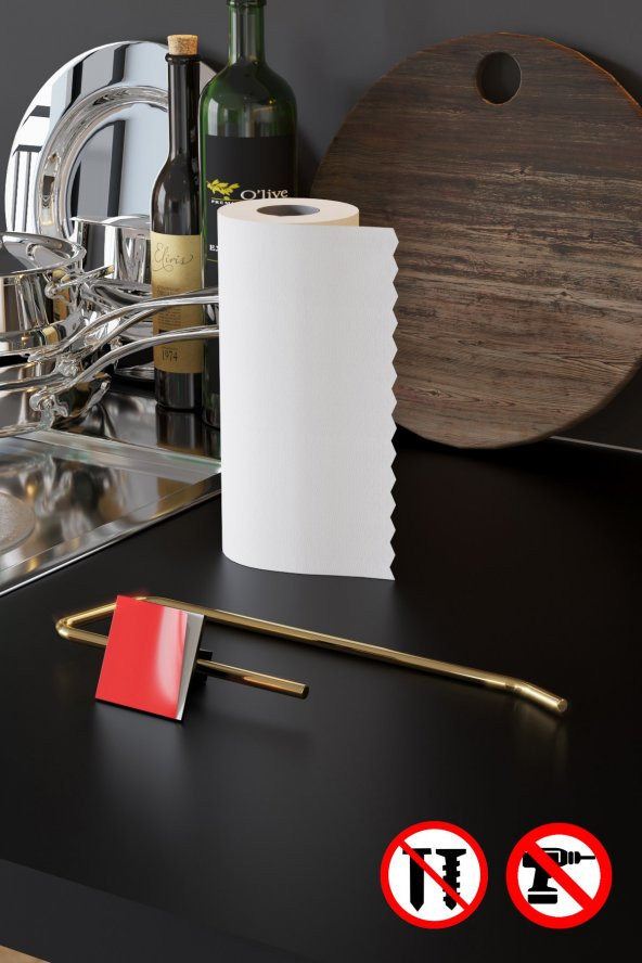 Bino Gold Paslanmaz Dolu Çelik, Kağıt Rulo Havluluk, Peçetelik, Yapışkanlı Tasarım, Banyo Askısı - 2