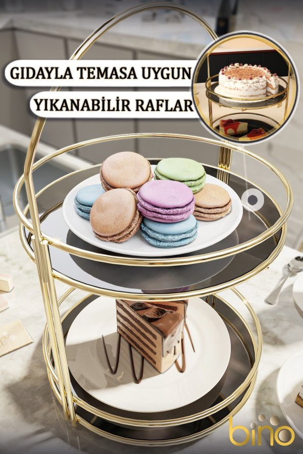 Bino Servis Sunum İkramlık Gold Büyük Lüks 2 Katlı 40cm Organizer  Mutfak Düzenleyici Pasta Standı - 6