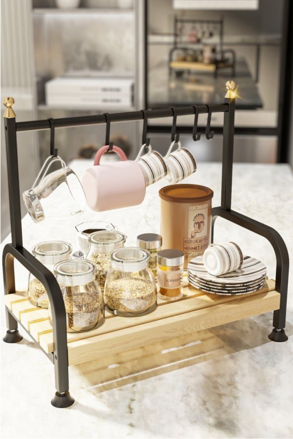 Bino Masaüstü Mutfak Rafı Düzenleyici Kahve Fincanı Kupa Bardak Askısı 6 Kancalı Ahşap Raf Organizer