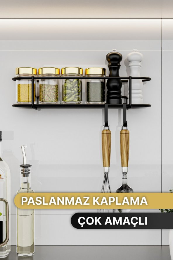 Bino Baharatlık Lüks Metal Siyah Mutfak Rafı Banyo Rafı Yapışkanlı Kancalı Tasarım Tuzluk Askılık - 2