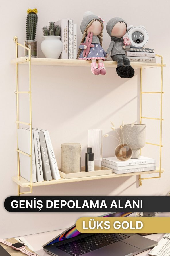 Bino Duvar Rafı Masif Doğal Ahşap Büyük Boy Geniş 2 Katlı Gold Kitaplık Terek Mutfak Rafı Banyo Rafı - 3