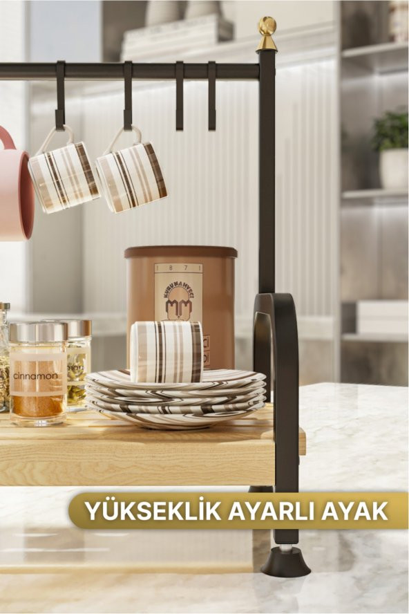 Bino Masaüstü Mutfak Rafı Düzenleyici Kahve Fincanı Kupa Bardak Askısı 6 Kancalı Ahşap Raf Organizer - 2
