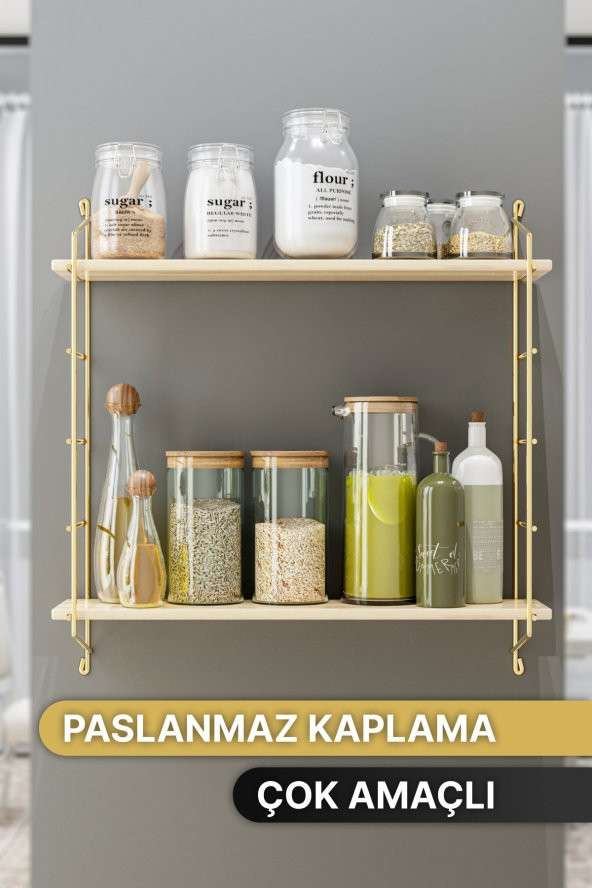 Bino Duvar Rafı Masif Doğal Ahşap Büyük Boy Geniş 2 Katlı Gold Kitaplık Terek Mutfak Rafı Banyo Rafı - 4