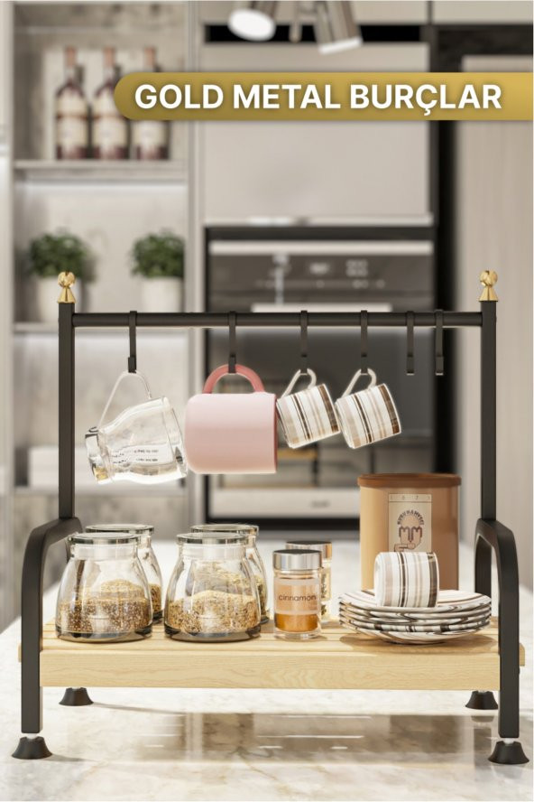Bino Masaüstü Mutfak Rafı Düzenleyici Kahve Fincanı Kupa Bardak Askısı 6 Kancalı Ahşap Raf Organizer - 3