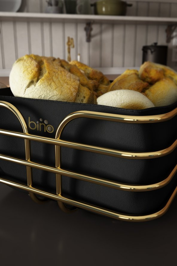Bino Ekmeklik Ekmek Sepeti Çok Amaçlı Metal Kutu Lüx Gold Paslanmaz Sepet Siyah Kumaş - 3