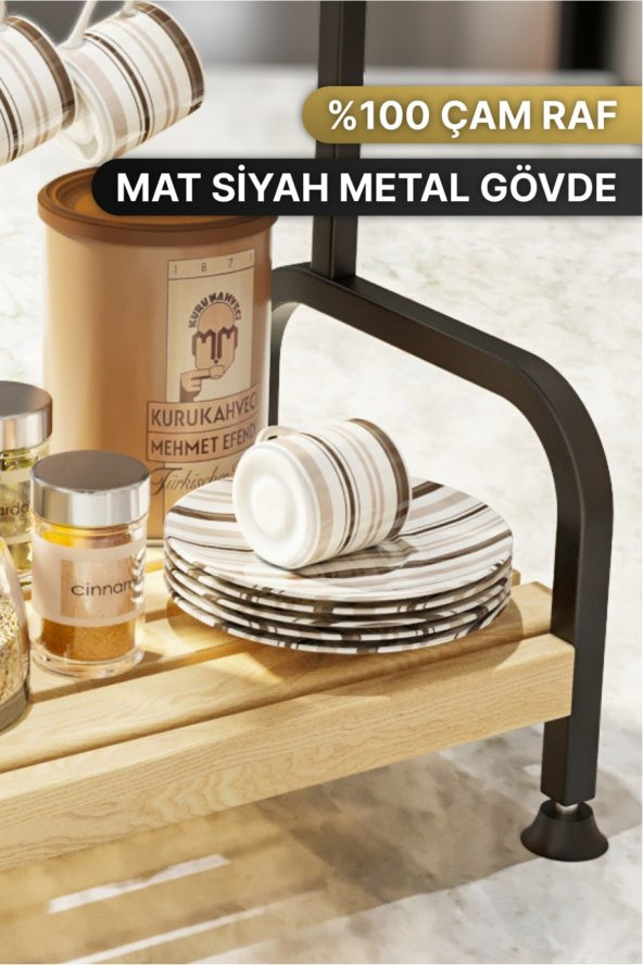 Bino Masaüstü Mutfak Rafı Düzenleyici Kahve Fincanı Kupa Bardak Askısı 6 Kancalı Ahşap Raf Organizer - 4