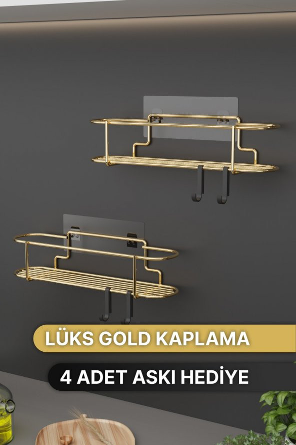 Bino Baharatlık 2 Lİ SET GOLD Metal Mutfak Rafı Banyo Rafı Yapışkanlı Kancalı Tuzluk Askılık - 3