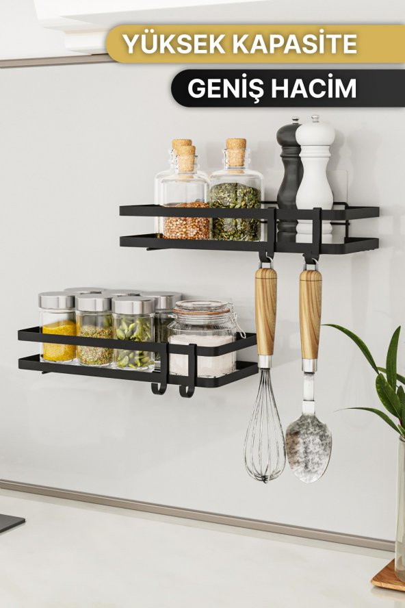 Bino Mutfak Rafı 2Lİ SET Yapışkanlı Lüks Modern Siyah Metal Baharatlık Rafı Organizer Düzenleyici - 2