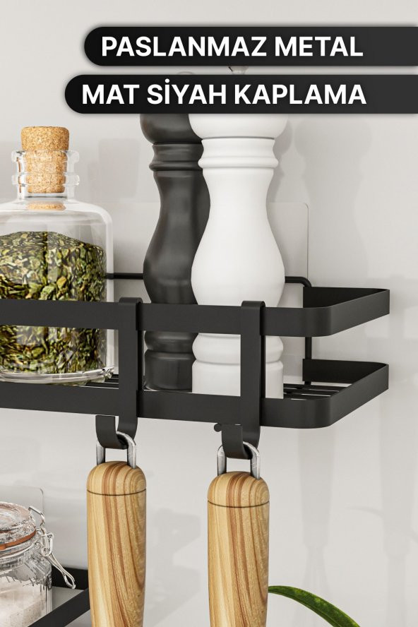 Bino Mutfak Rafı 2Lİ SET Yapışkanlı Lüks Modern Siyah Metal Baharatlık Rafı Organizer Düzenleyici - 4