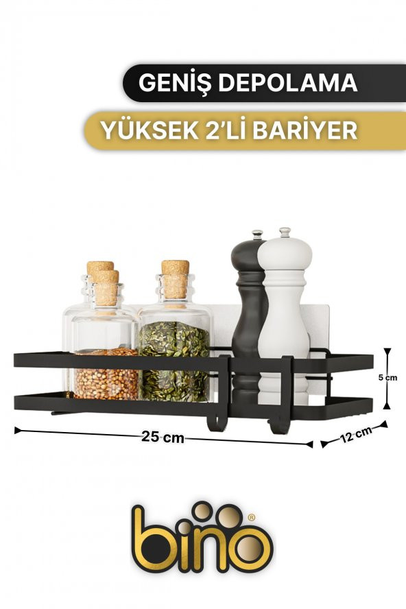 Bino Mutfak Rafı 2Lİ SET Yapışkanlı Lüks Modern Siyah Metal Baharatlık Rafı Organizer Düzenleyici - 5