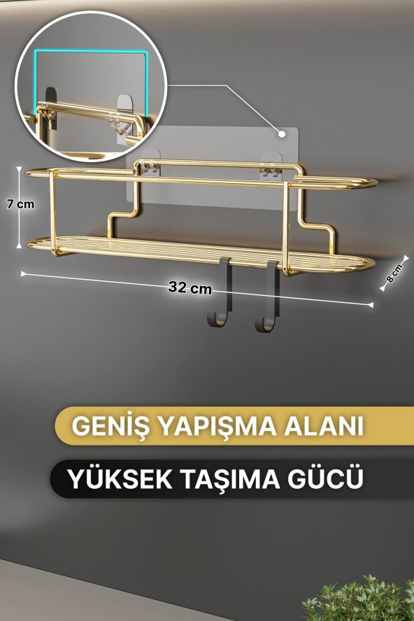 Bino Baharatlık Lüks Metal Gold Mutfak Rafı Banyo Rafı Yapışkanlı Kancalı Şık Tasarım Tuzluk Askılık - 4