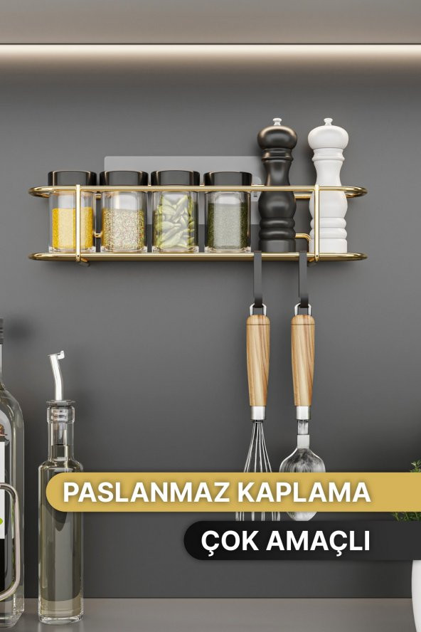 Bino Baharatlık Lüks Metal Gold Mutfak Rafı Banyo Rafı Yapışkanlı Kancalı Şık Tasarım Tuzluk Askılık - 5