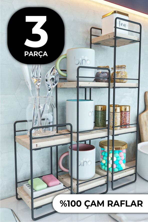 Bino Duvar Rafı 3 LÜ Mini SET Doğal Ahşap Yatak Odası Dekoratif Salon Oturma Çalışma Odası Rafı