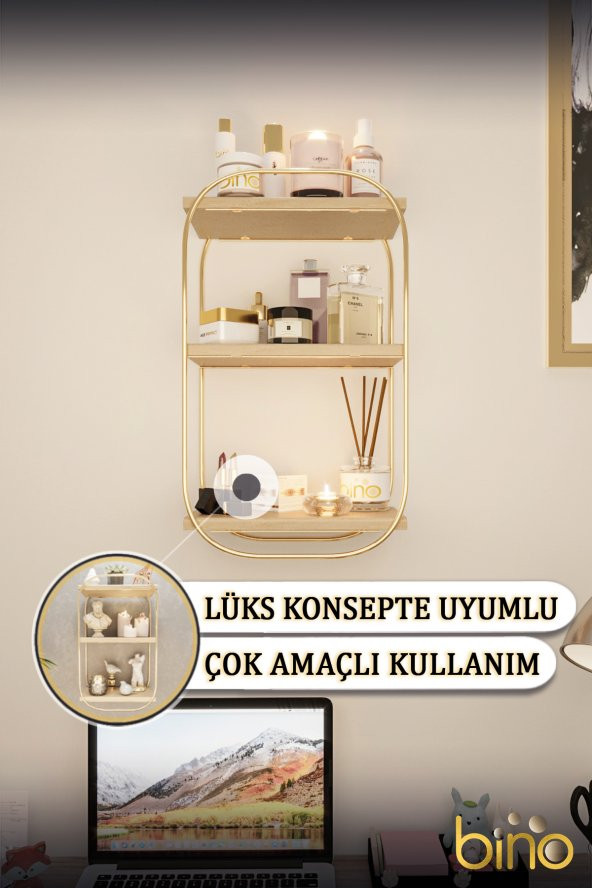Bino Duvar Rafı Çok Amaçlı Düzenleyici Oval Raf Ahşap Banyo Mutfak Rafı Makyaj ve Takı Organizeri - 2
