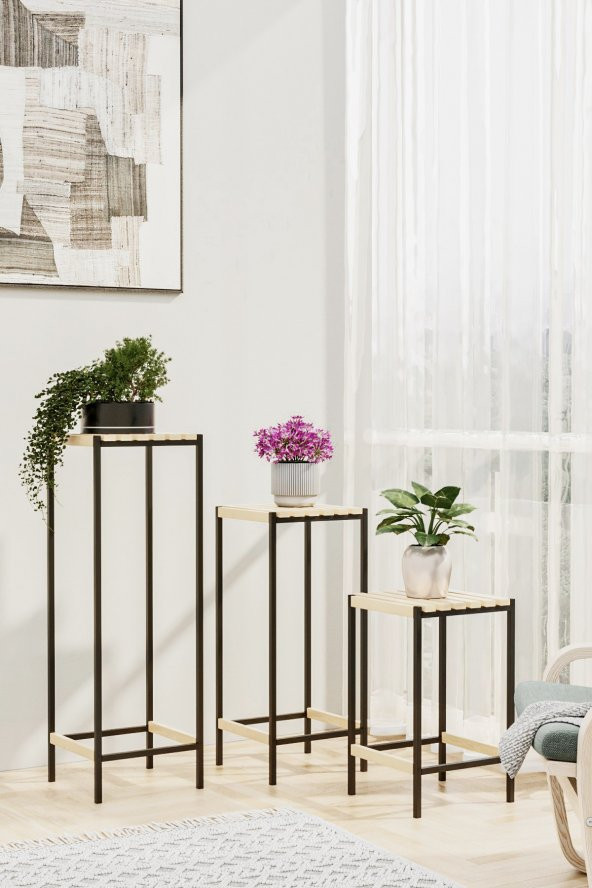 Bino Çiçeklik 3 LÜ SET AHŞAP Saksılık Dekoratif Lüks Bahçe Mobilyası Saksı Standı Bahçe Balkon Rafı ürün görseli 1