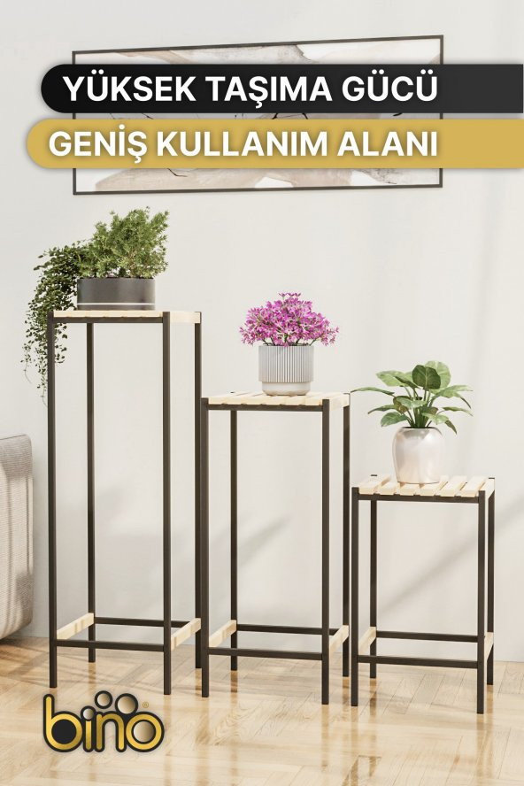 Bino Çiçeklik 3 LÜ SET AHŞAP Saksılık Dekoratif Lüks Bahçe Mobilyası Saksı Standı Bahçe Balkon Rafı - 4