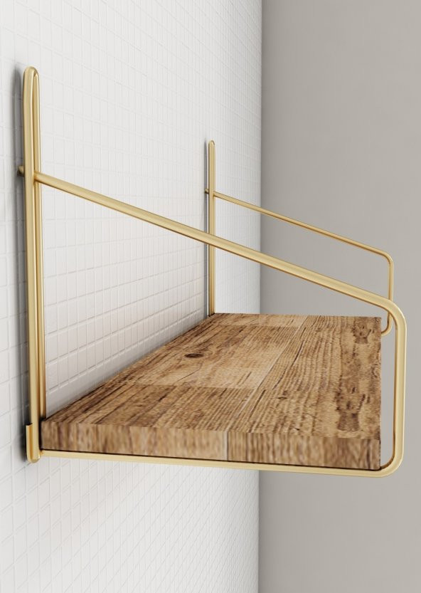 Bino Duvar Rafı MASİF AĞAÇ ALTIN GOLD PASLANMAZ Dekoratif Mutfak Banyo Altın Raf Kitaplık 3 Lü SET - 6