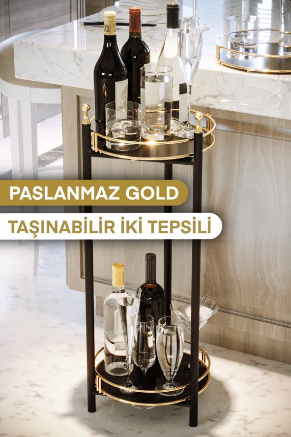 Bino Servis Sunum İkramlık Kek Pasta Standı Sunumluk Lüks Metal Gold 2 katlı Tepsi  Servis Arabası