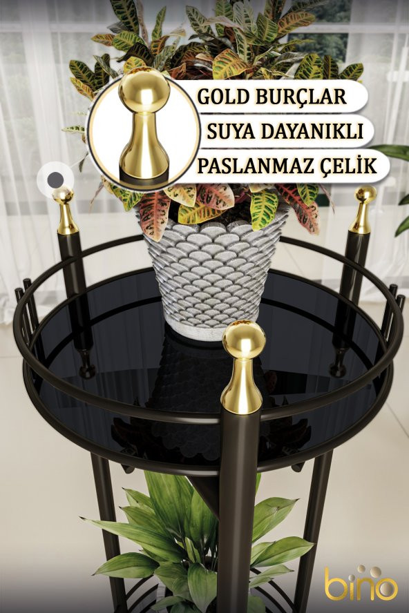 Bino Saksılık Organizer Bahçe Balkon Standı Çiçeklik Dekoratif Lüks Metal 2 Katlı Servis Sunum Tepsi