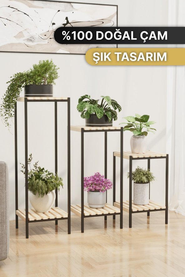 Bino Saksılık 3 LÜ SET AHŞAP Çiçeklik Dekoratif Lüks Bahçe Mobilyası Saksı Standı Bahçe Balkon Rafı - 3