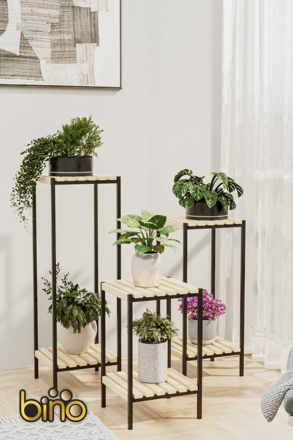 Bino Saksılık 3 LÜ SET AHŞAP Çiçeklik Dekoratif Lüks Bahçe Mobilyası Saksı Standı Bahçe Balkon Rafı - 4
