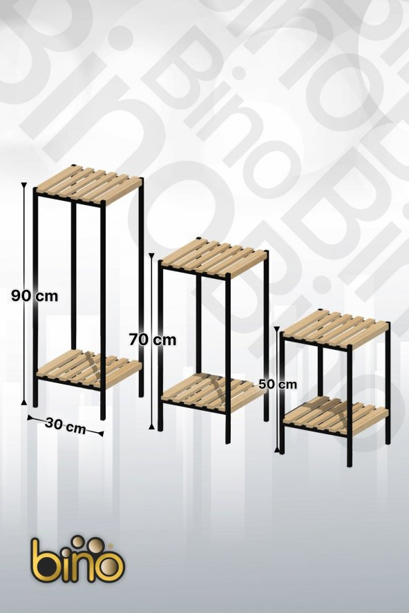 Bino Saksılık 3 LÜ SET AHŞAP Çiçeklik Dekoratif Lüks Bahçe Mobilyası Saksı Standı Bahçe Balkon Rafı - 5