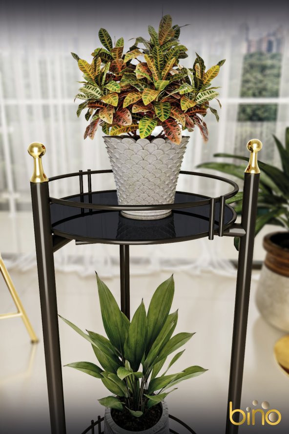 Bino Saksılık Organizer Bahçe Balkon Standı Çiçeklik Dekoratif Lüks Metal 2 Katlı Servis Sunum Tepsi - 4