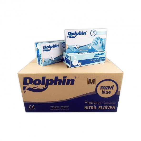 Dolphin Tek Kullanımlık Lateks Mavi Pudrasız Nitril Muayne Eldiveni Medium Orta Boy -100'lü 20 Paket - 1
