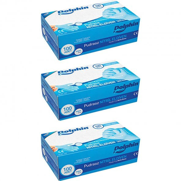Dolphin Tek Kullanımlık Lateks Mavi Pudrasız Nitril Muayne Eldiveni Large Büyük Boy - 100'lü 3 Paket - 1