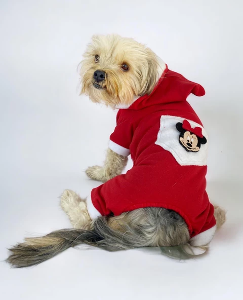 Kırmızı Sevimli Fare Duo Kapşonlu Köpek Tulumu