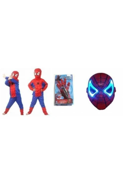 3 Ürün-örümcek Adam Kostümü 4-6 Yaş Spiderman Işıklı Maske + Vantuz Atan Eldiveni