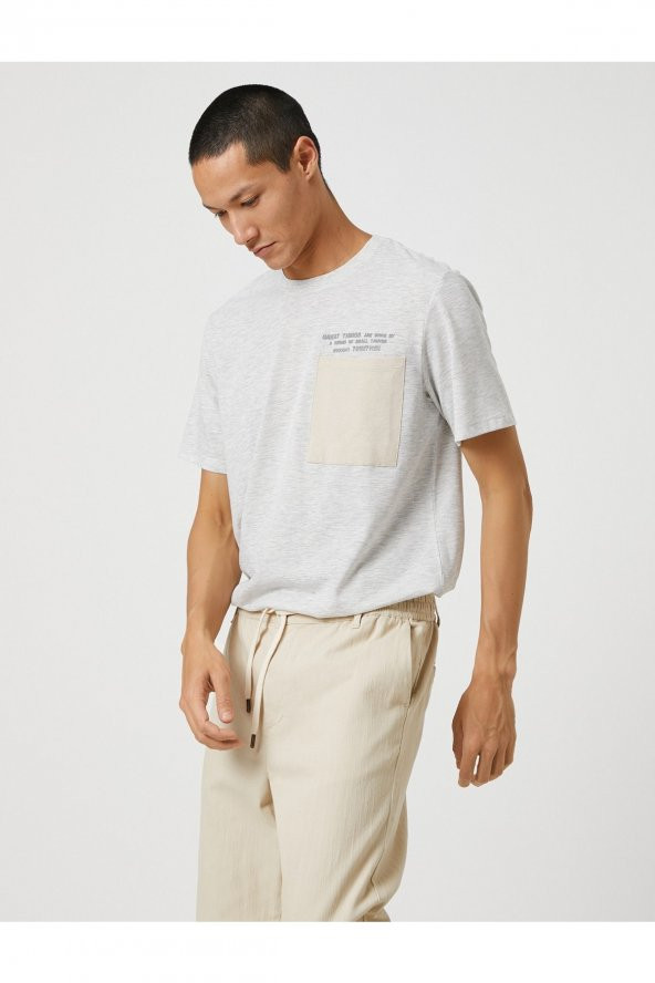 Slogan Işlemeli Tişört Cep Detaylı Bisiklet Yaka - Resim 2