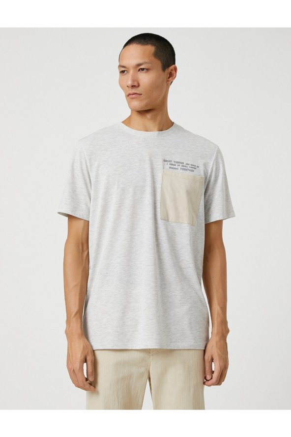 Slogan Işlemeli Tişört Cep Detaylı Bisiklet Yaka - Resim 3