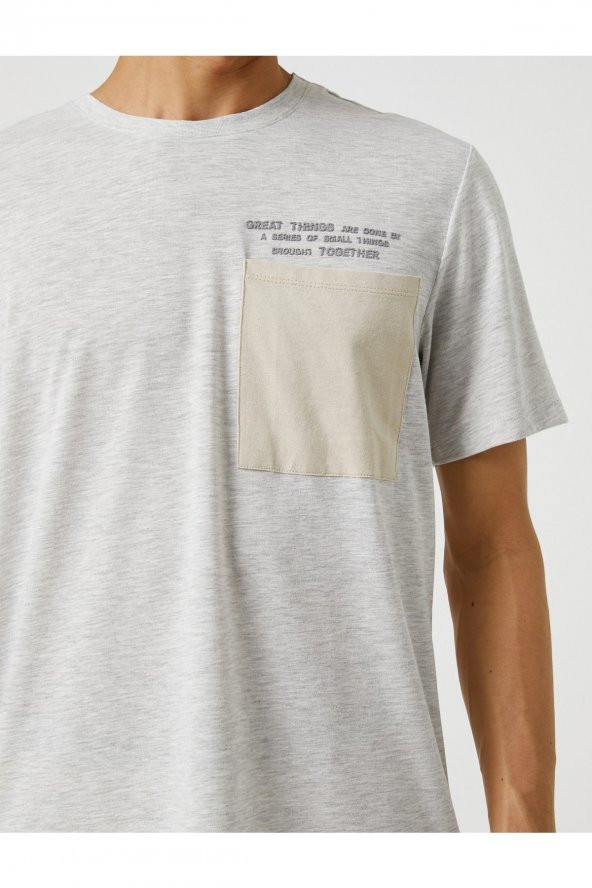 Slogan Işlemeli Tişört Cep Detaylı Bisiklet Yaka - Resim 5