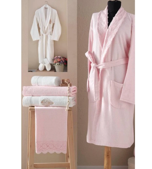 Maxstyle Bamboo Bornoz Aile Banyo Seti Pudra/Krem Güldem - 2