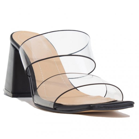 Dagoster DZA07-112846 Siyah Şeffaf Çift Bantlı Klasik Topuklu Kadın Terlik