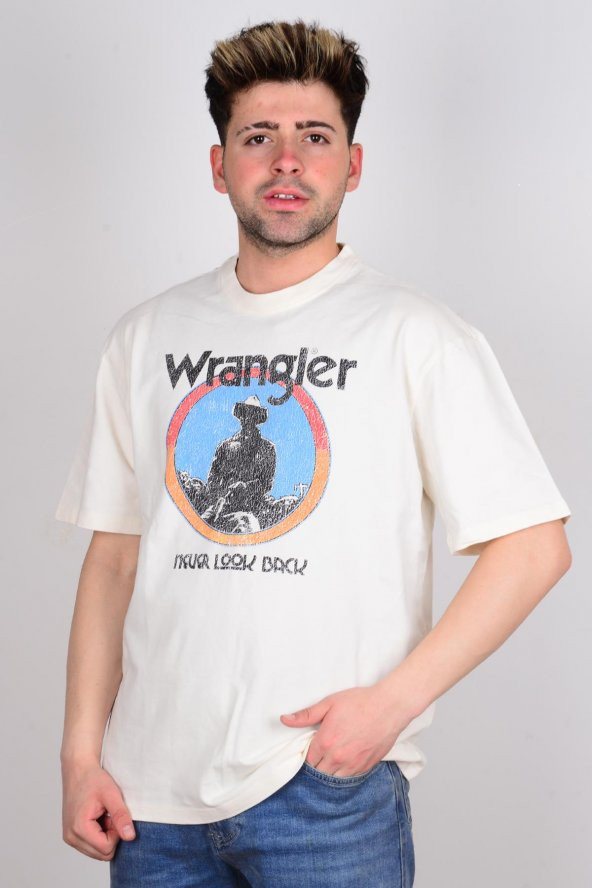 Wrangler W7CBEE737 Ekru Önü Baskılı Bisiklet Yaka Erkek T-shirt